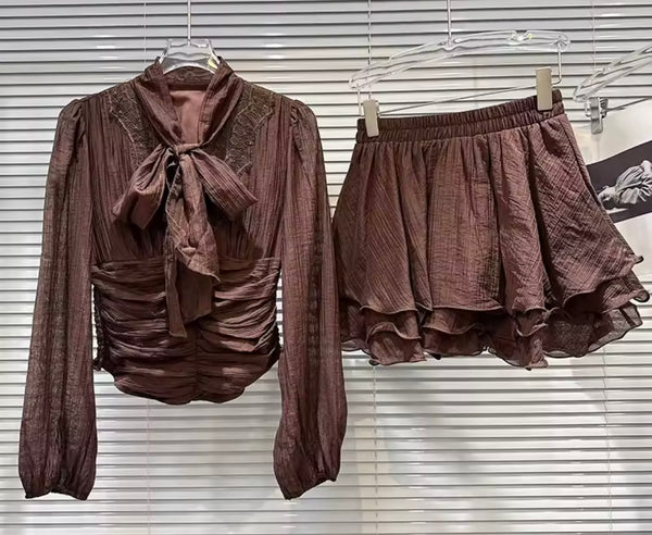 Women Tie Up Bow Ruched Full Sleeve Two Piece Ruffle Skirt Set