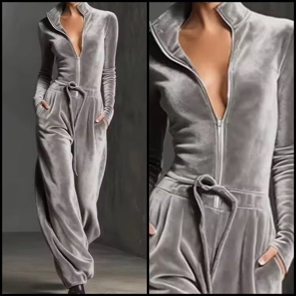 Women Gray Velour Zip Up Full Sleeve Jumpsuit