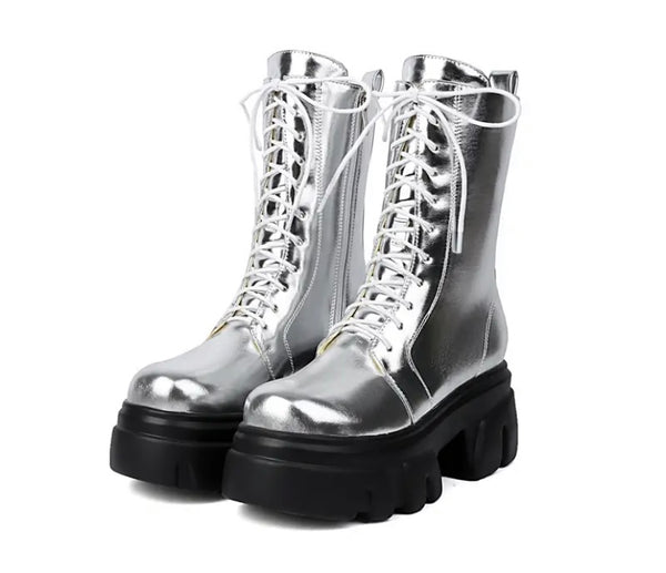 Women Fashion Platform Lace Up Faux Leather Ankle Boots