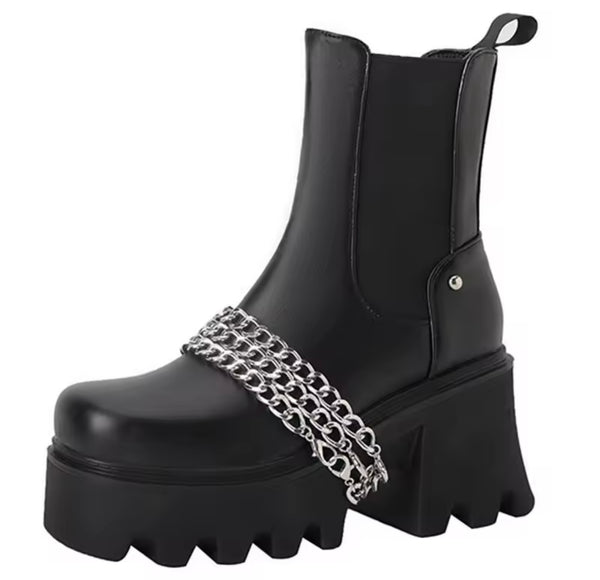 Women Black Fashion Chain Platform Ankle Boots