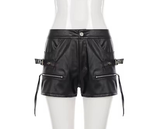 Women Fashion Black Zipper Tassel Faux Leather Shorts