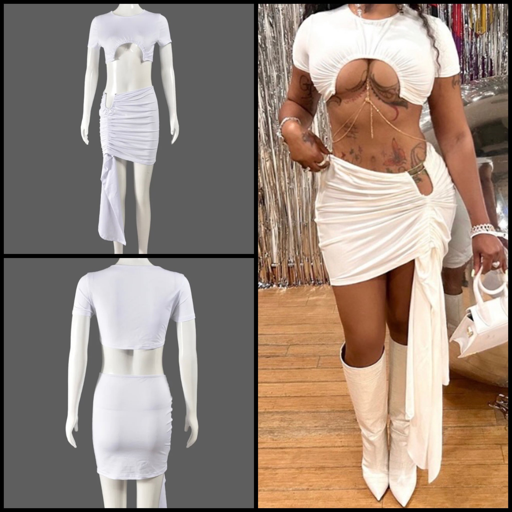 Women White Sexy Short Sleeve Two Piece Skirt Set