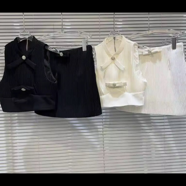 Women Bow Sleeveless Ribbed Two Piece Skirt Set