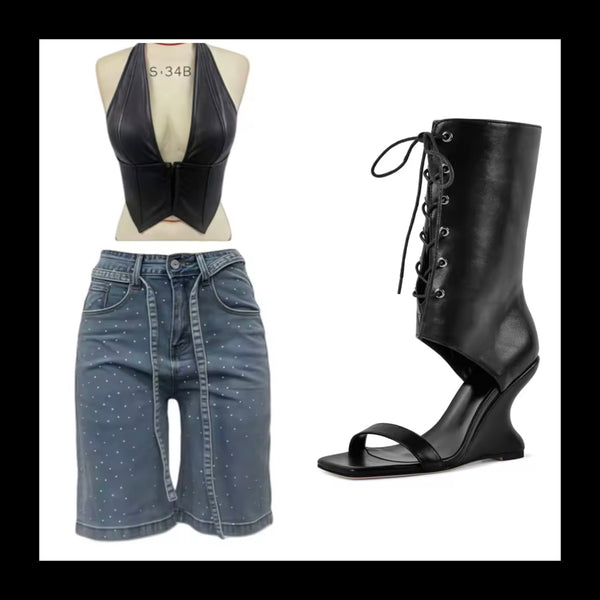 Women Fashion Faux Leather Halter Two Piece Bling Denim Short Set