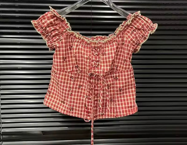 Women Red Plaid Denim Patchwork Two Piece Maxi Skirt Set