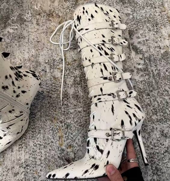 Women Fashion Mohair Lace Up Buckled Knee High Boots