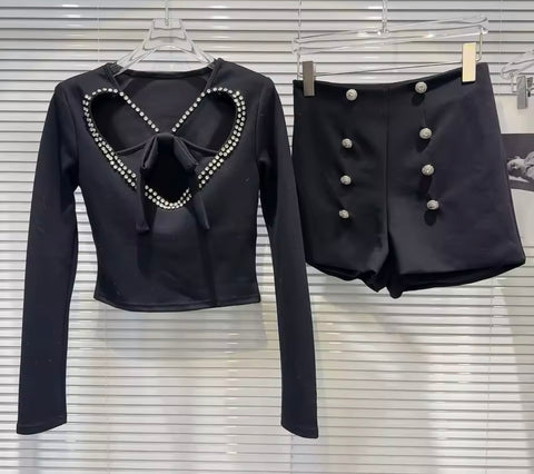 Women Black Bling Cut Out Heart Button Two Piece Short Set