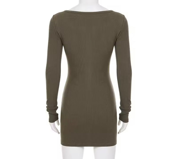 Women Sexy Ribbed Button Up Full Sleeve Dress