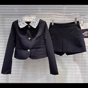 Women Black Lace Collar Bling Button Up Blazer Two Piece Short Set