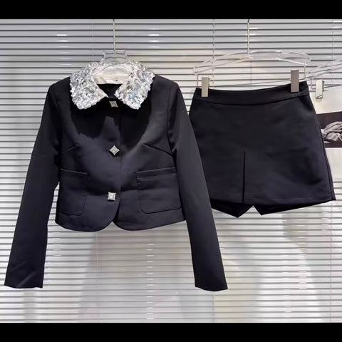 Women Black Lace Collar Bling Button Up Blazer Two Piece Short Set