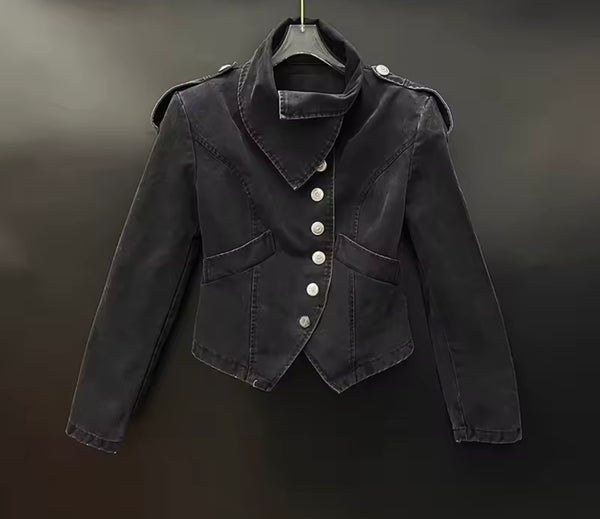 Women Collar Button Up Denim Jacket Two Piece Pleated Skirt Set
