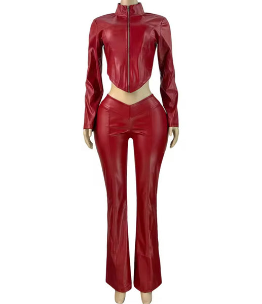 Women Fashion Faux Leather Zip Up Two Piece Pant Set