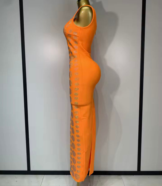 Women Color Bling Rhinestone Sleeveless Sexy Maxi Dress