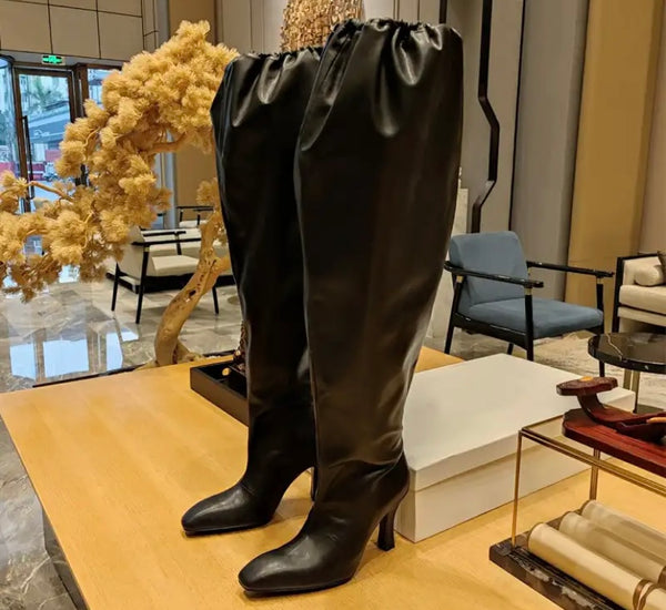 Women Fashion Solid Color Faux Leather Knee High Boots