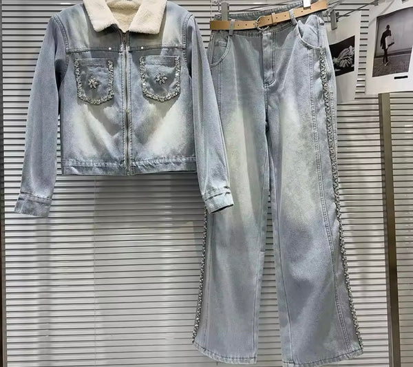 Women Fashion Warm Furry Bling Denim Zip Up Two Piece Pant Set