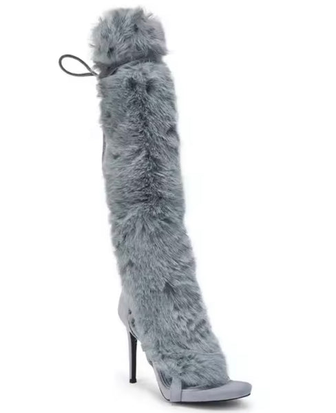 Women Fashion Open Toe Fur Patchwork Knee High Sandals