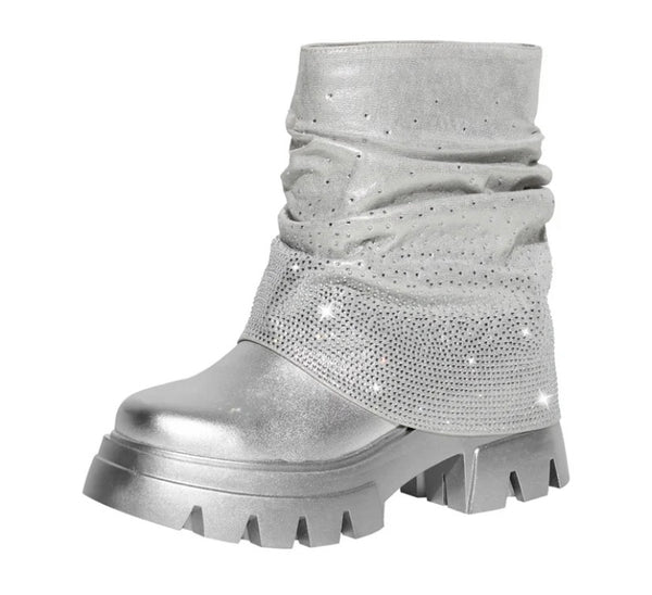 Women Silver Fashion Bling Ruched Ankle Boots