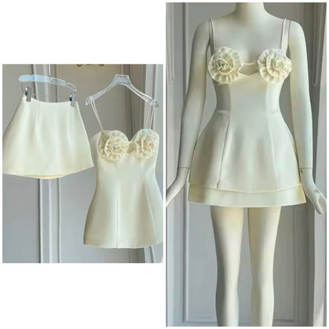 Women Sexy Sleeveless 3D Floral Patchwork Two Piece Skirt Set