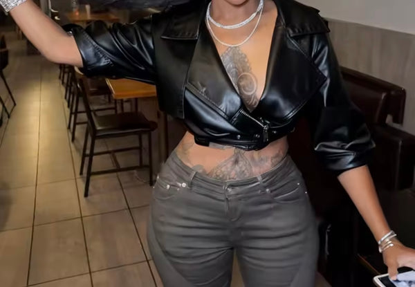 Women Color Fashion Zip Up Buckled Faux Leather Crop Jacket