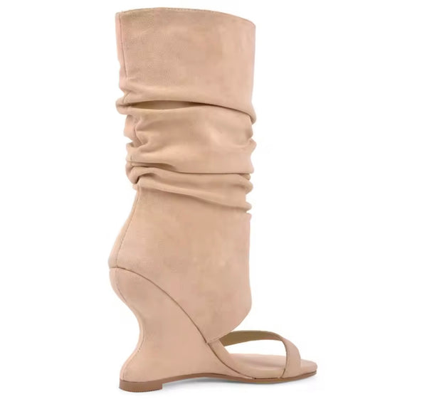 Women Fashion Open Toe Ruched Suede Wedge Mid Length Boots