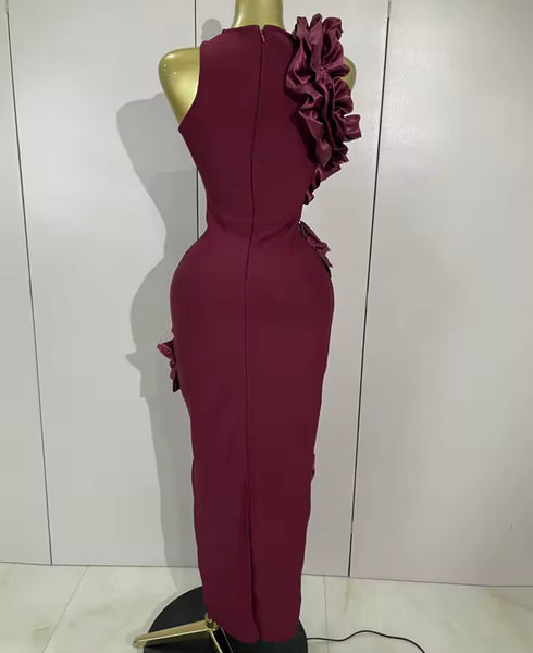 Women Sexy Sleeveless Burgundy Ruffled Maxi Dress