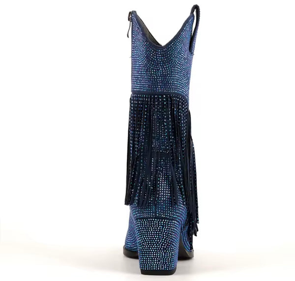 Women Fashion Blue Bling Fringe Tassel Western Boots