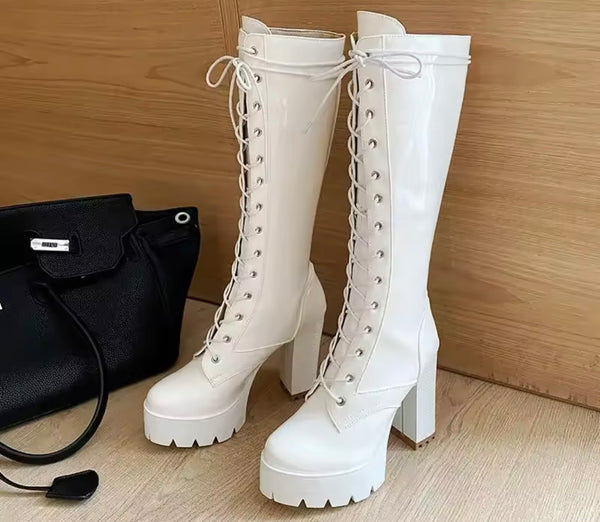 Women Fashion Patent Leather Lace Up Platform High Heel Boots