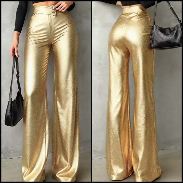 Women Gold Fashion Metallic PU Pants