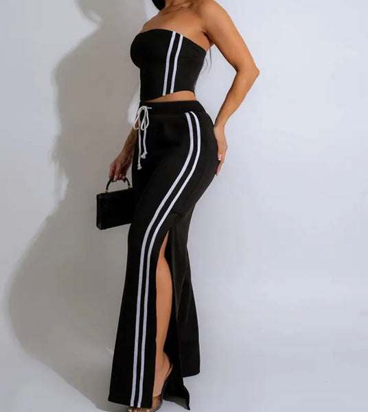 Women Color Sexy Strapless Striped Two Piece Pant Set