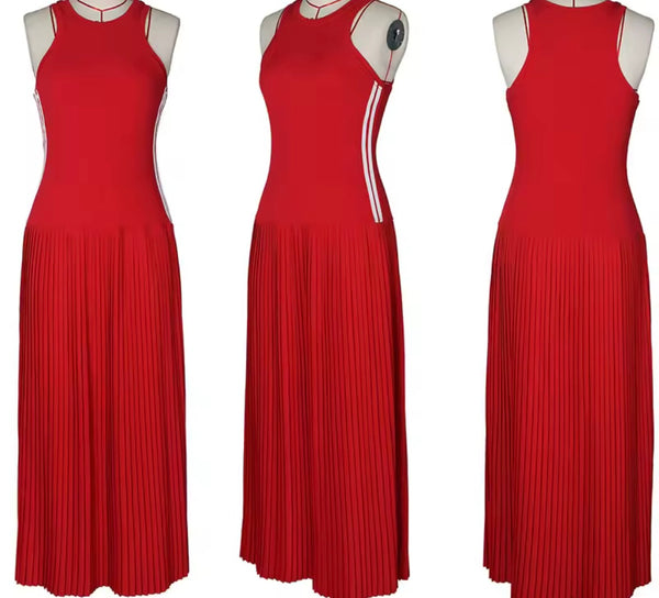 Women Sexy Sleeveless Side Striped Pleated Maxi Dress