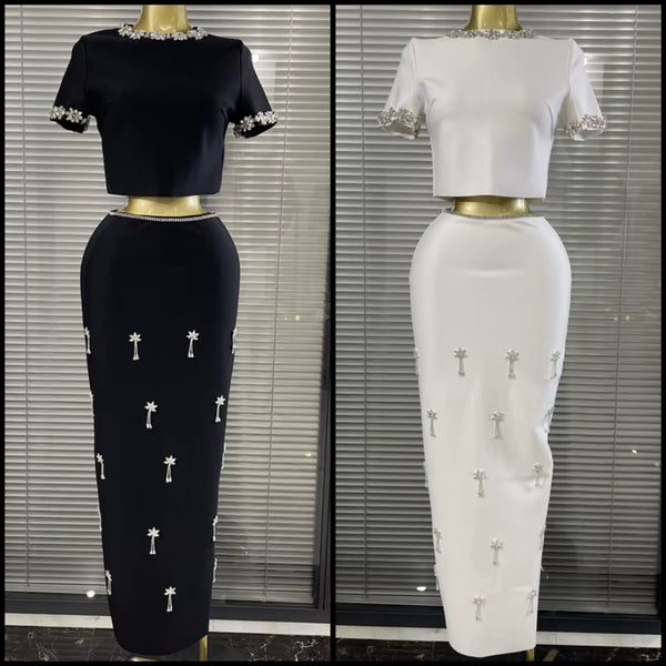 Women Rhinestone Short Sleeve Crop Two Piece Maxi Skirt Set