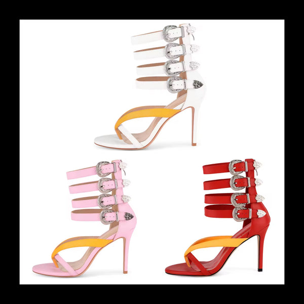 Women Color Patchwork Fashion Buckled High Heel Sandals