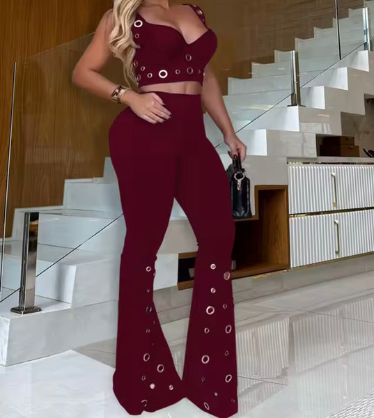Women Fashion Sleeveless Color Rivet Two Piece Pant Set