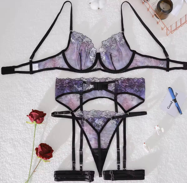 Women Sexy Color Print Mesh Lingerie Set