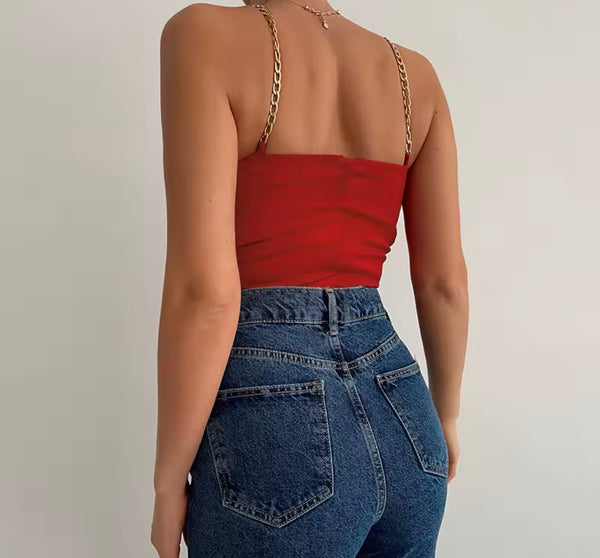 Women Red Chain Sleeveless Tie Up Fashion Crop Top