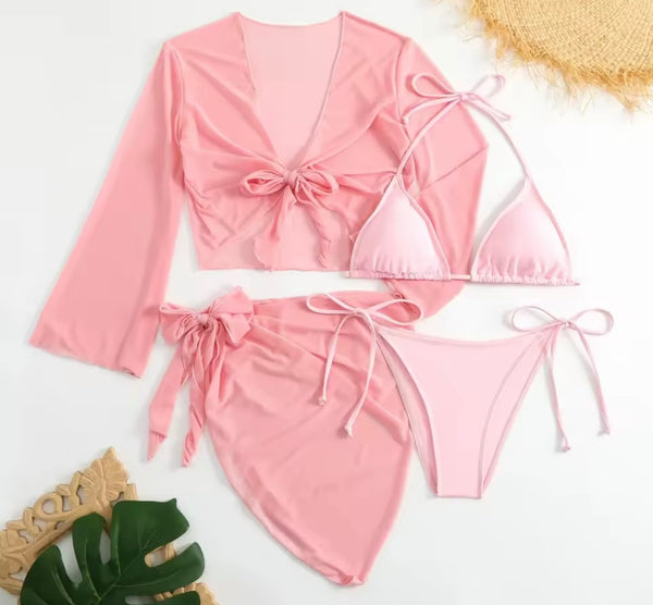 Women Sexy Color Bikini Mesh Cover Up Set