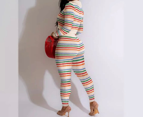 Women Fashion Button Up Full Sleeve Striped Two Piece Pant Set