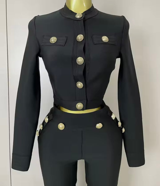 Women Black Button Up Full Sleeve Two Piece Pant Set
