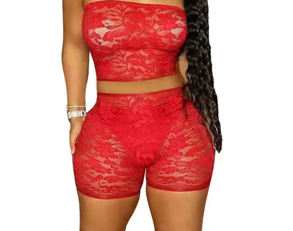 Women Sexy Strapless Lace Crop Two Piece Short Set