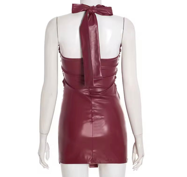 Women Sexy Fashion Halter Sleeveless Faux Leather Dress