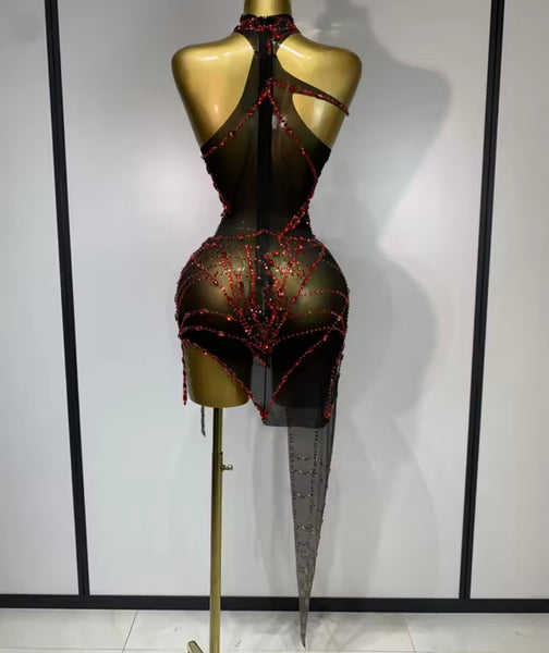 Women Sleeveless Asymmetrical Rhinestone Mesh Dress