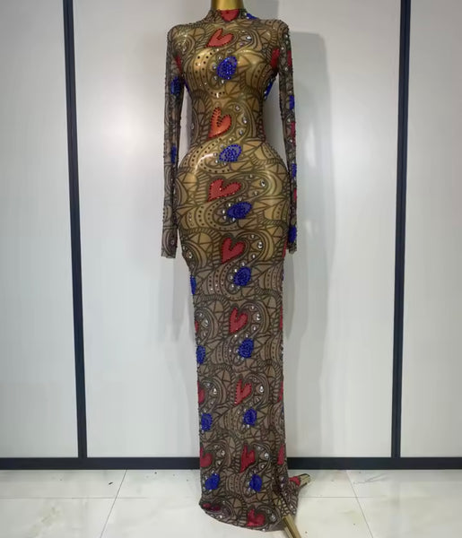 Women Sexy Color Patchwork Heart Printed Bling Mesh Maxi Dress