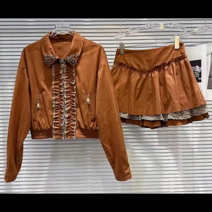 Women Beaded Plaid Patchwork Suede Jacket Two Piece Skirt Set