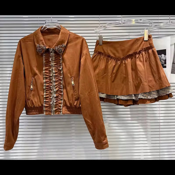 Women Beaded Plaid Patchwork Suede Jacket Two Piece Skirt Set