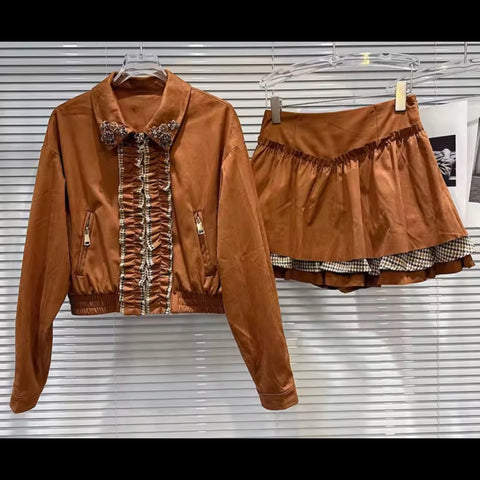 Women Beaded Plaid Patchwork Suede Jacket Two Piece Skirt Set