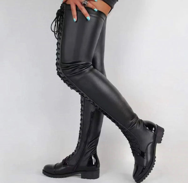 Women Lace Up Over The Knee Fashion Flat Boots