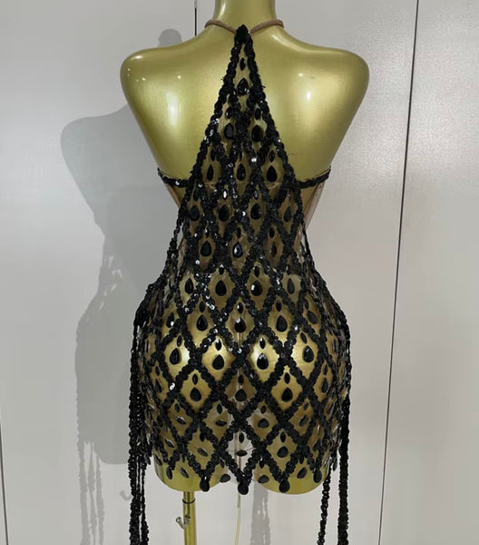 Women Halter Corset Sequins Crystal Tassel Two Piece Dress Set