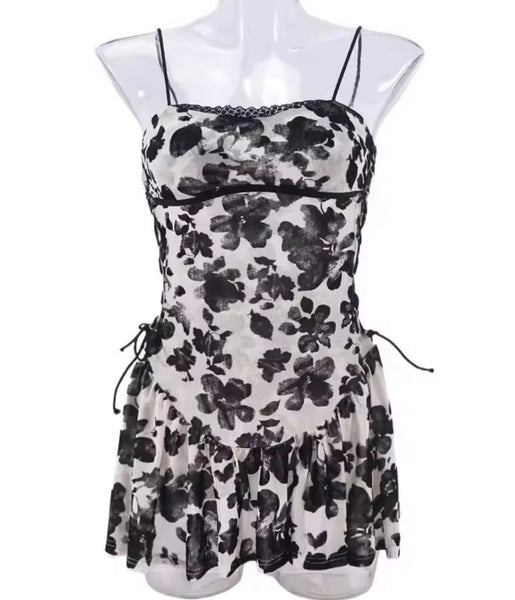 Women Sexy Sleeveless Floral Mesh Ruffled Dress