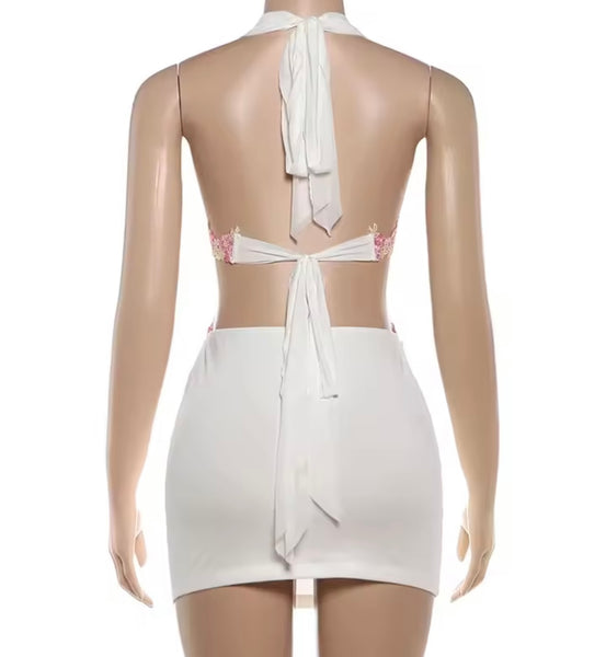 Women Sexy White Halter Open Back Sleeveless Floral Dress