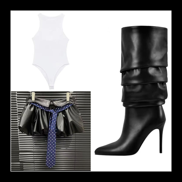 Women Fashion Pointed Toe Black Pleated High Heel Boots